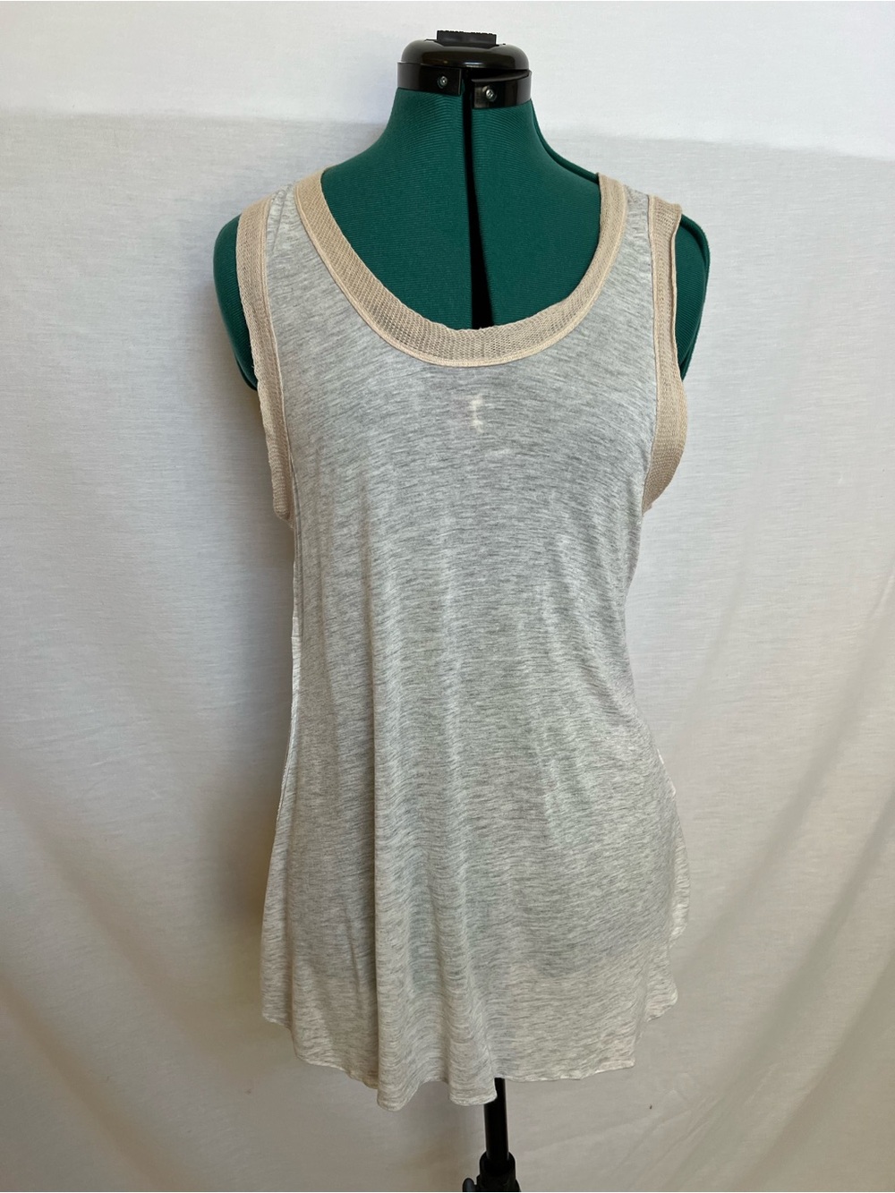 H by bordeaux Light Gray Soft Asymmetrical Tank with Beige Crochet Trim